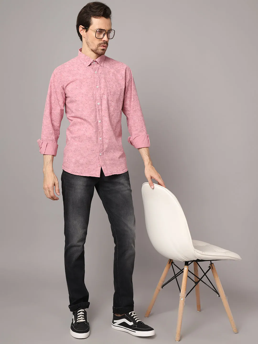 Men's Pink Casual Floral Print Full Sleeve Shirt