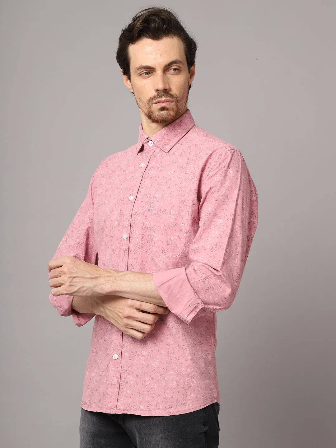 Men's Pink Casual Floral Print Full Sleeve Shirt