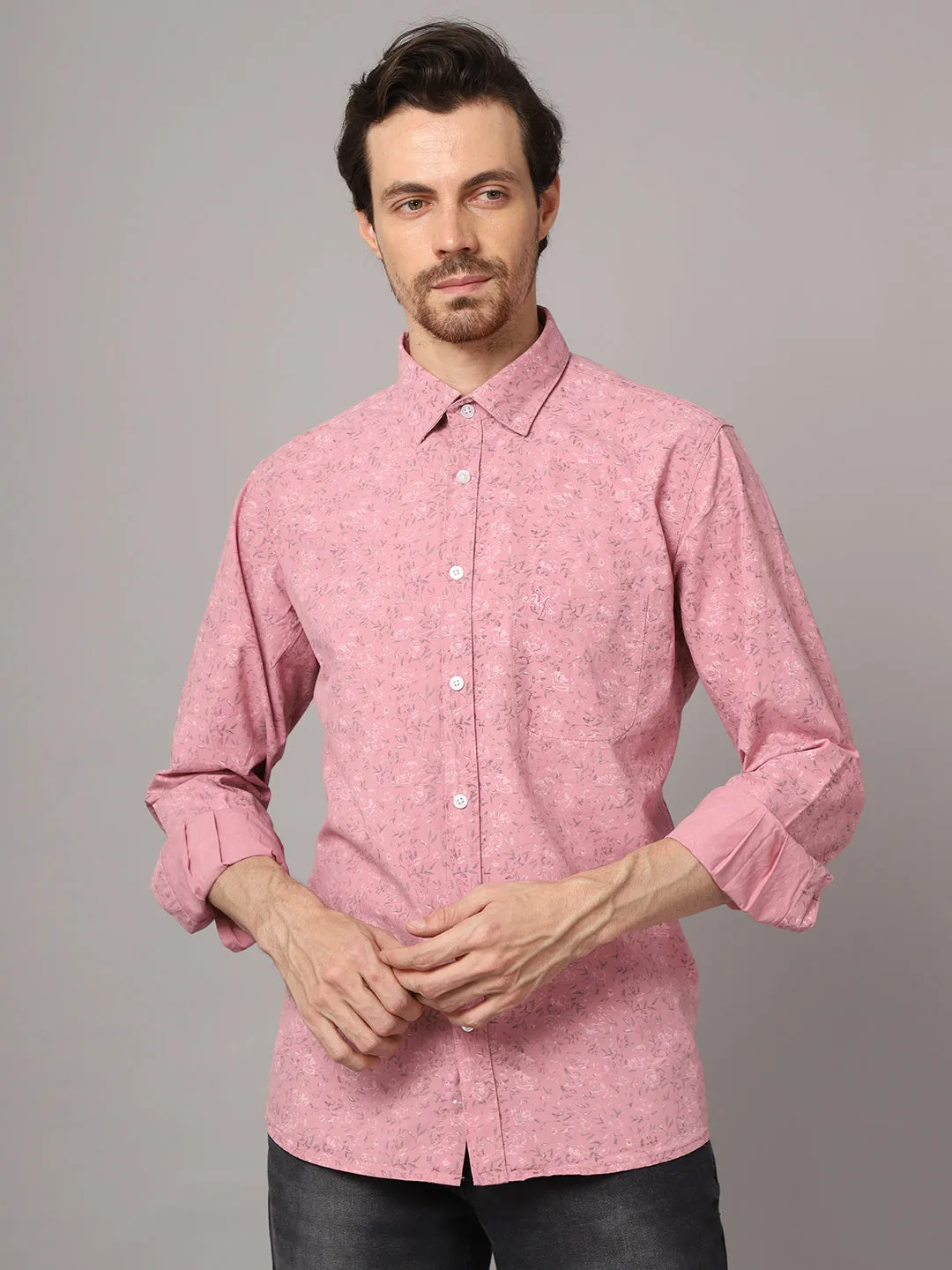 Men's Pink Casual Floral Print Full Sleeve Shirt