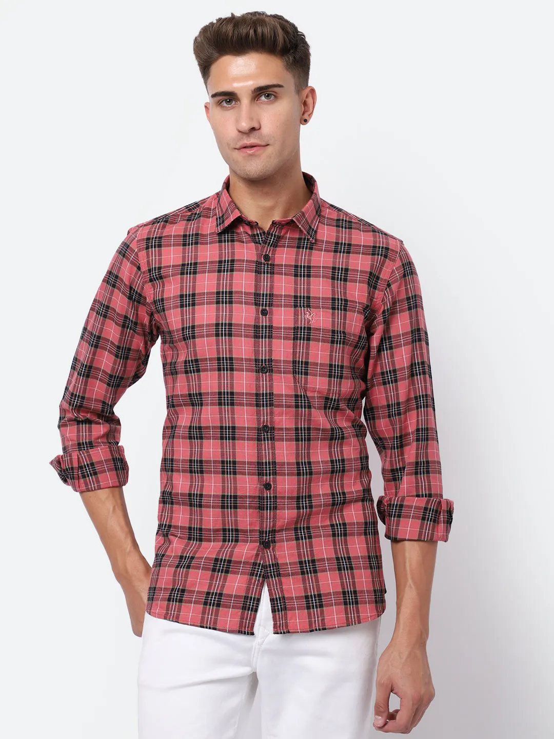 Men's Pink Casual Medium Checks Full Sleeve Shirt