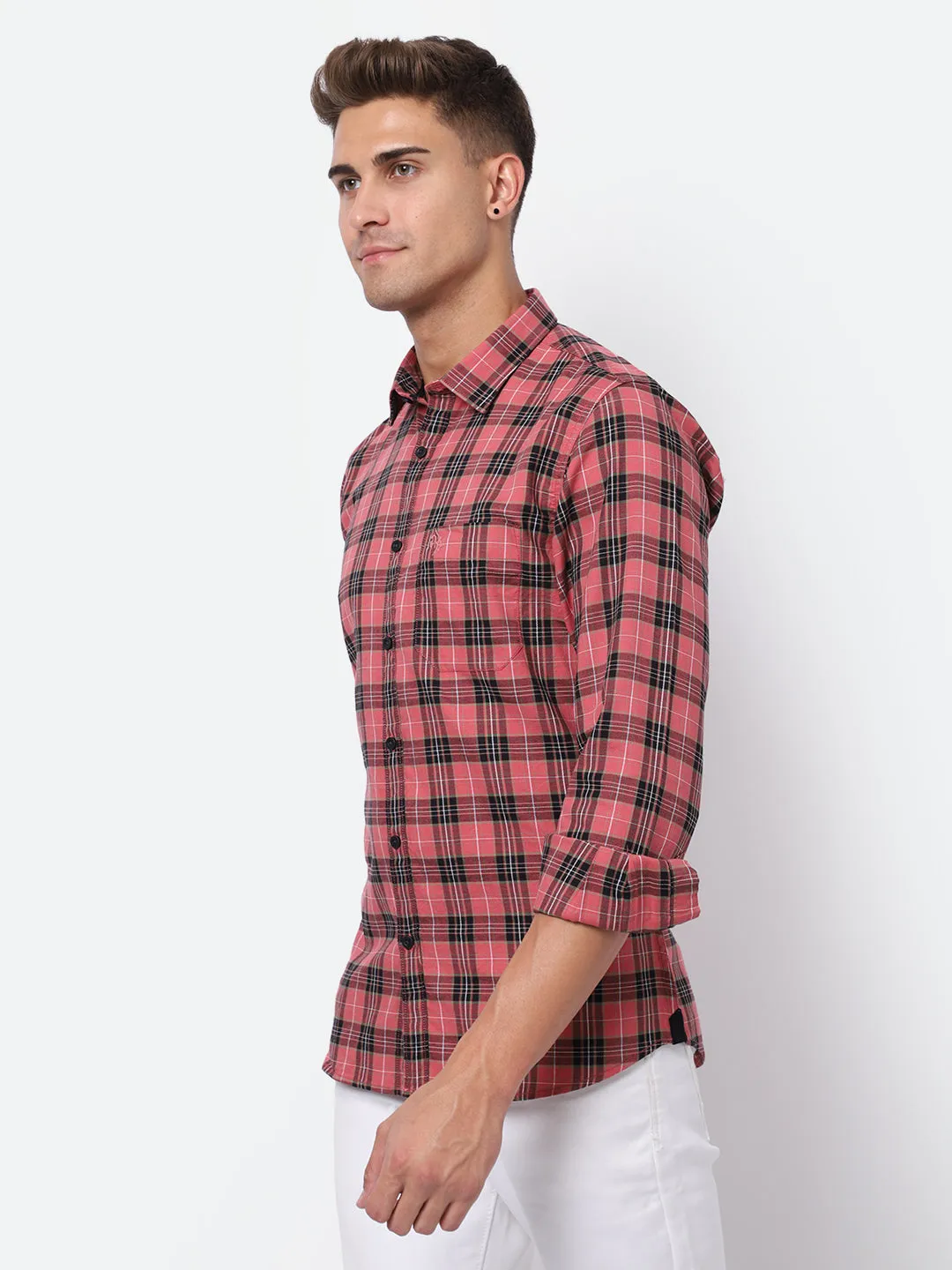 Men's Pink Casual Medium Checks Full Sleeve Shirt