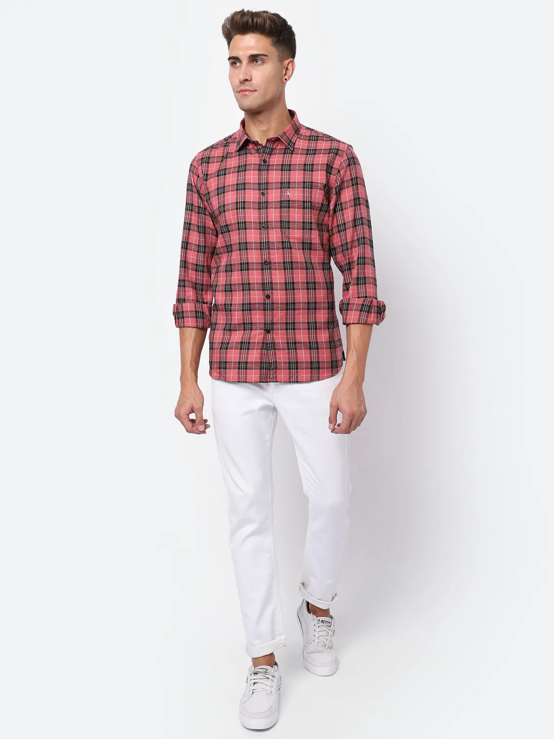 Men's Pink Casual Medium Checks Full Sleeve Shirt