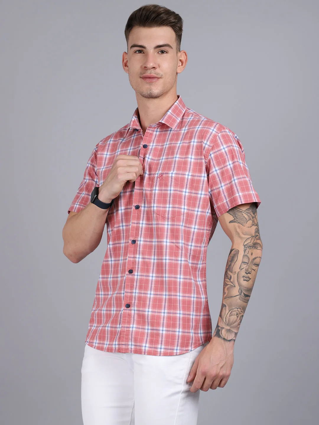 Men's Pink Casual Medium Checks Half Sleeve Shirt