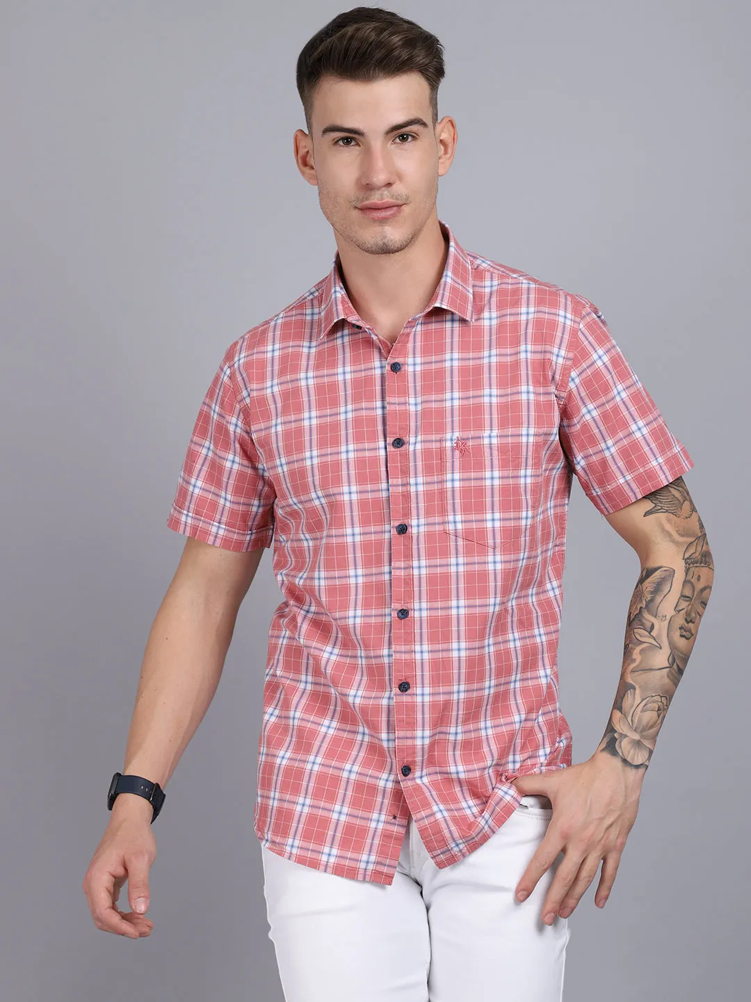 Men's Pink Casual Medium Checks Half Sleeve Shirt