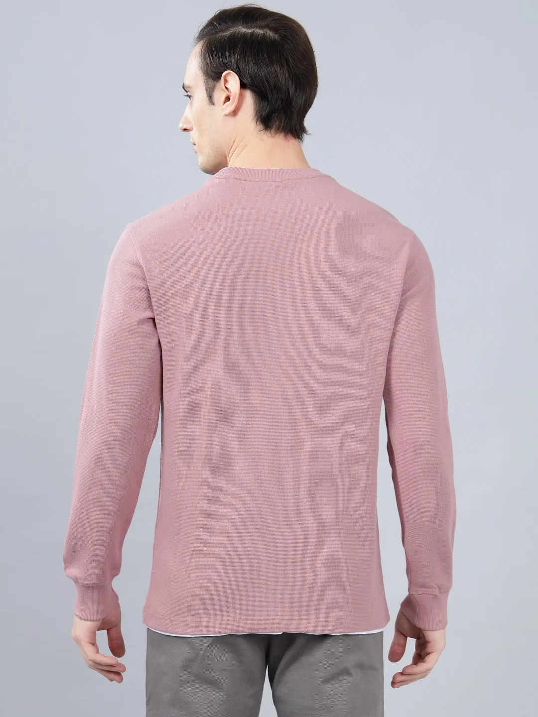 Men's Pink Self Design Full Sleeves T-shirt For Winter