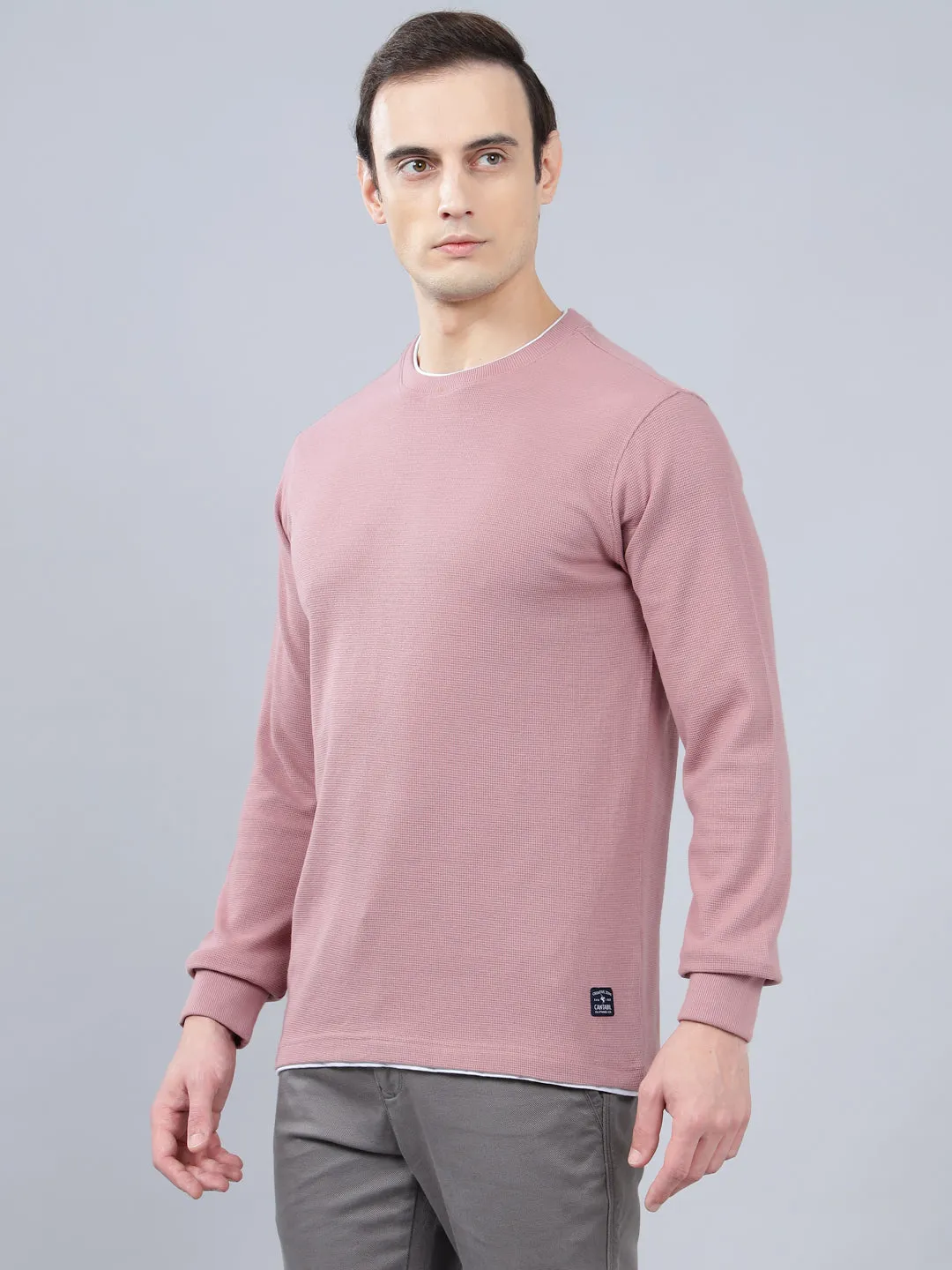 Men's Pink Self Design Full Sleeves T-shirt For Winter