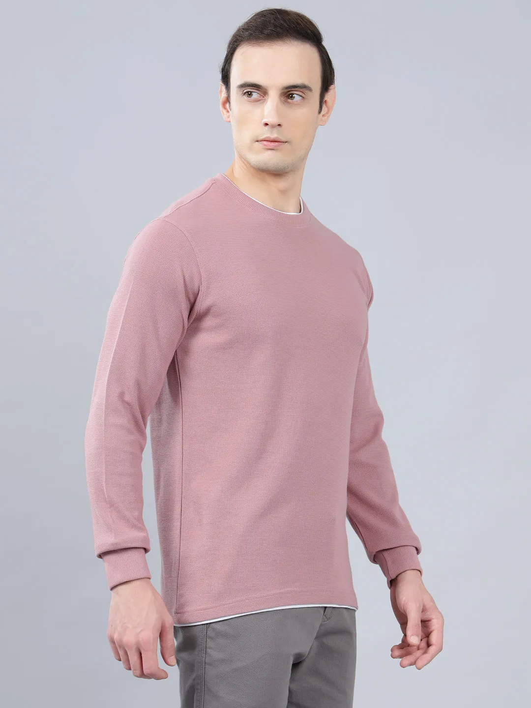 Men's Pink Self Design Full Sleeves T-shirt For Winter