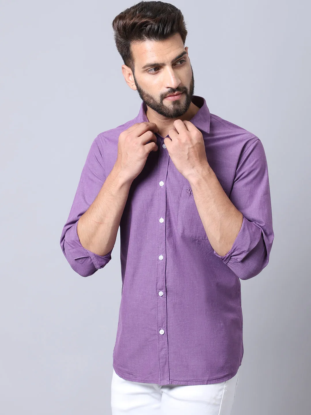 Men's Purple Casual Fil a Fil Plain Full Sleeve Shirt