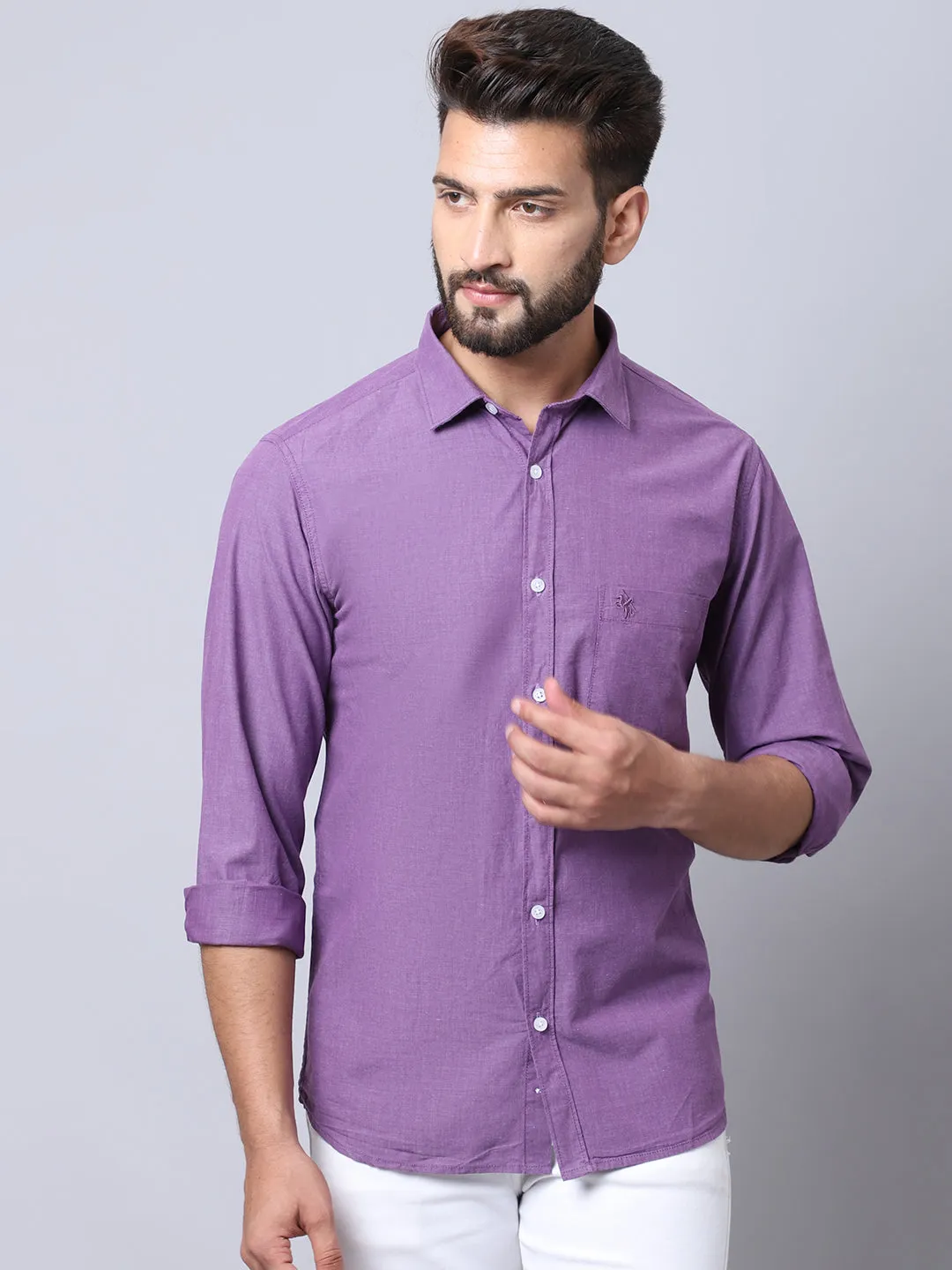 Men's Purple Casual Fil a Fil Plain Full Sleeve Shirt