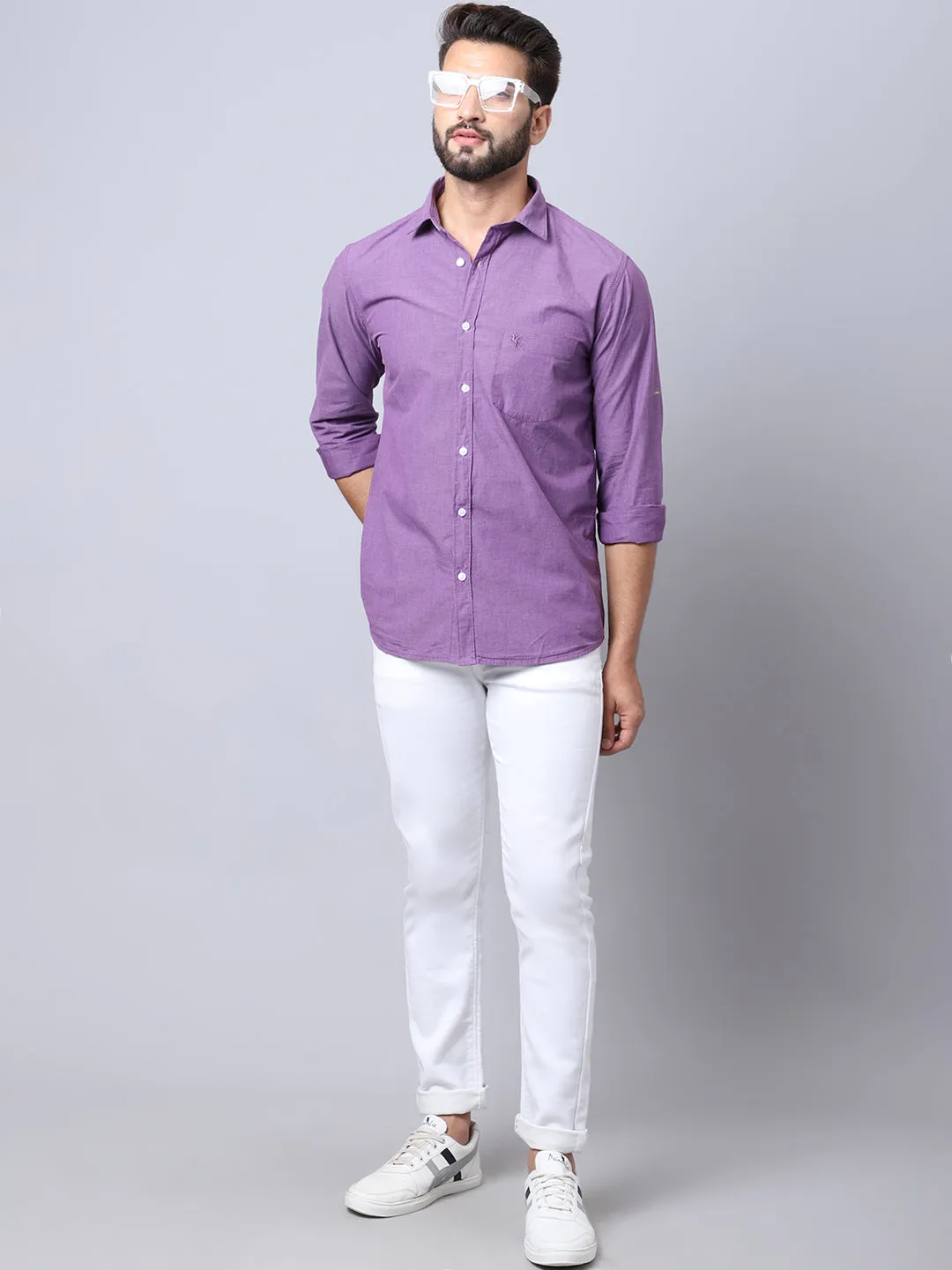 Men's Purple Casual Fil a Fil Plain Full Sleeve Shirt