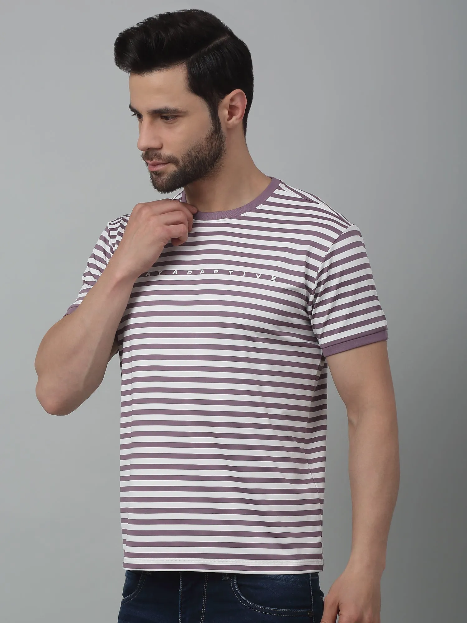 Men's Purple Stripe Round neck Half Sleeve T-Shirt with print