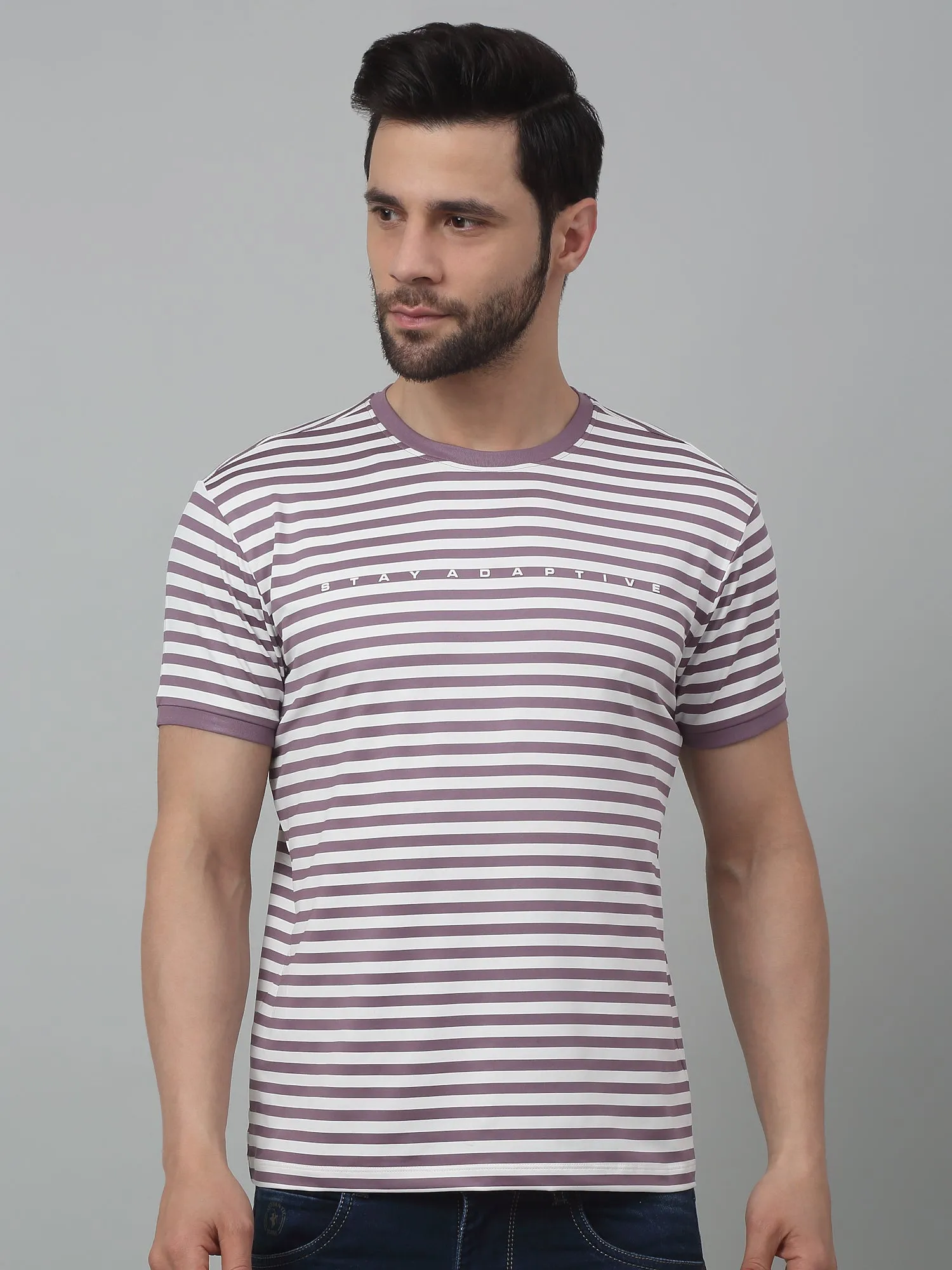 Men's Purple Stripe Round neck Half Sleeve T-Shirt with print