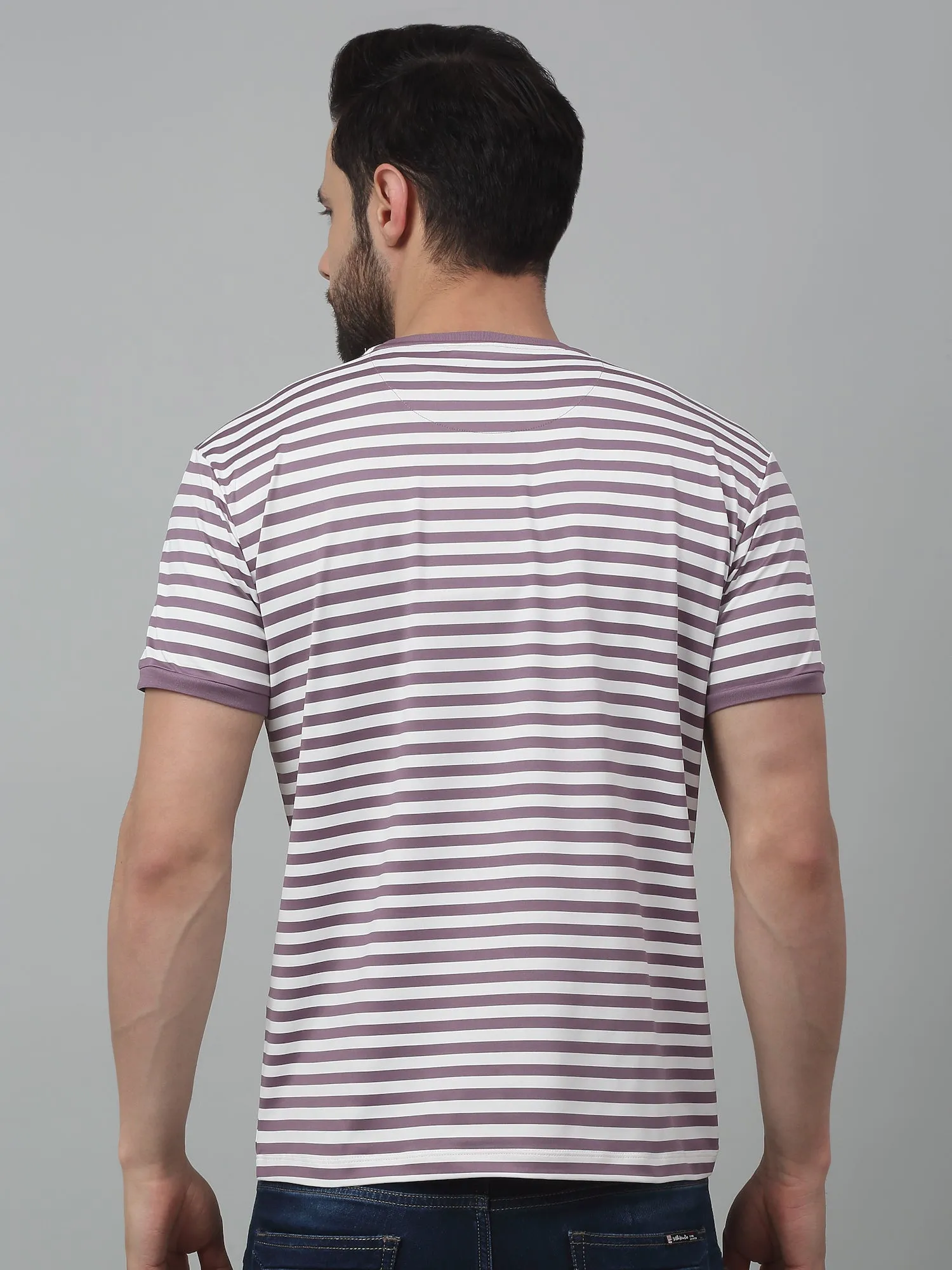 Men's Purple Stripe Round neck Half Sleeve T-Shirt with print