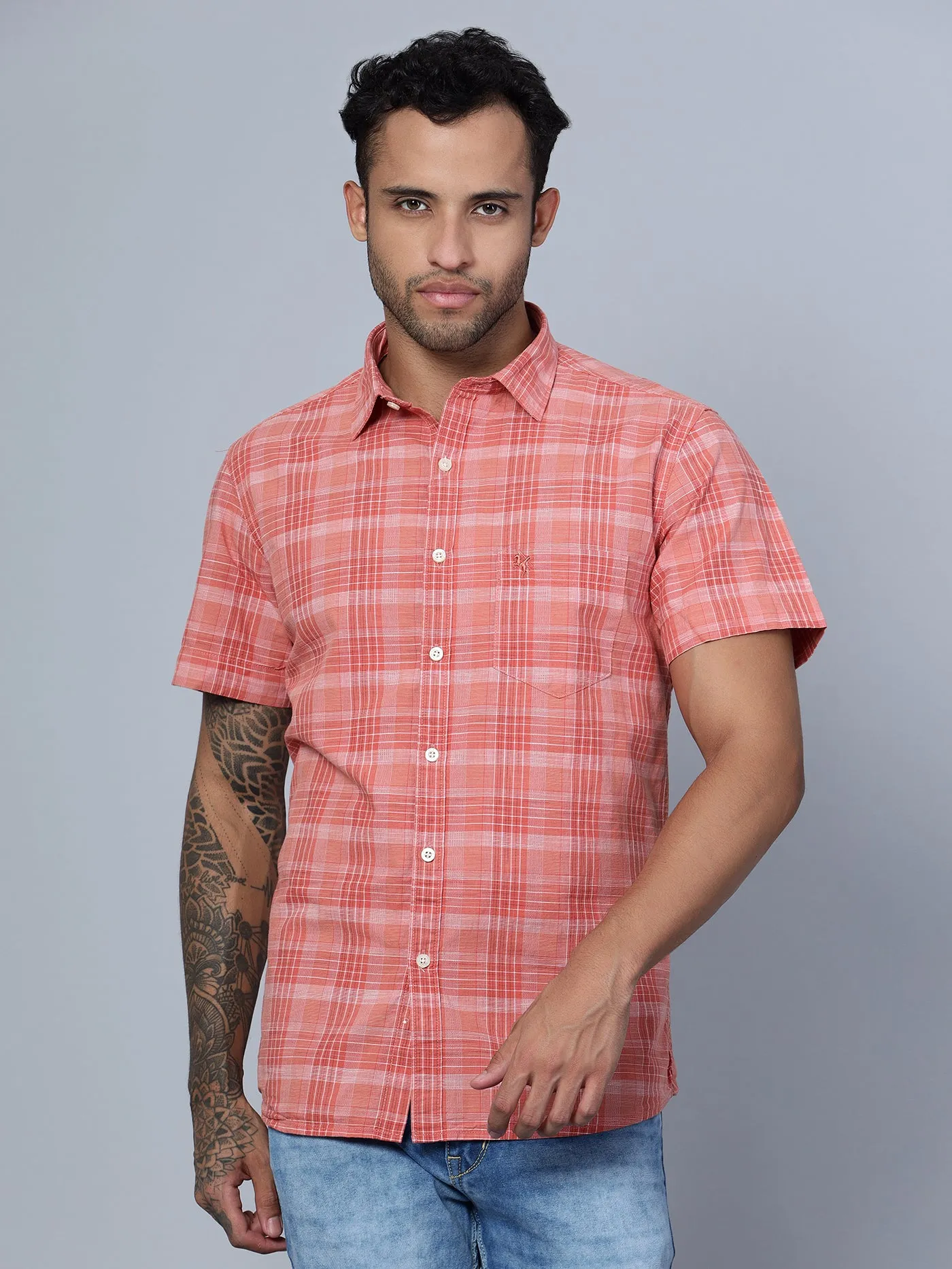 Men's Red Casual Medium Checks Half Sleeve Shirt