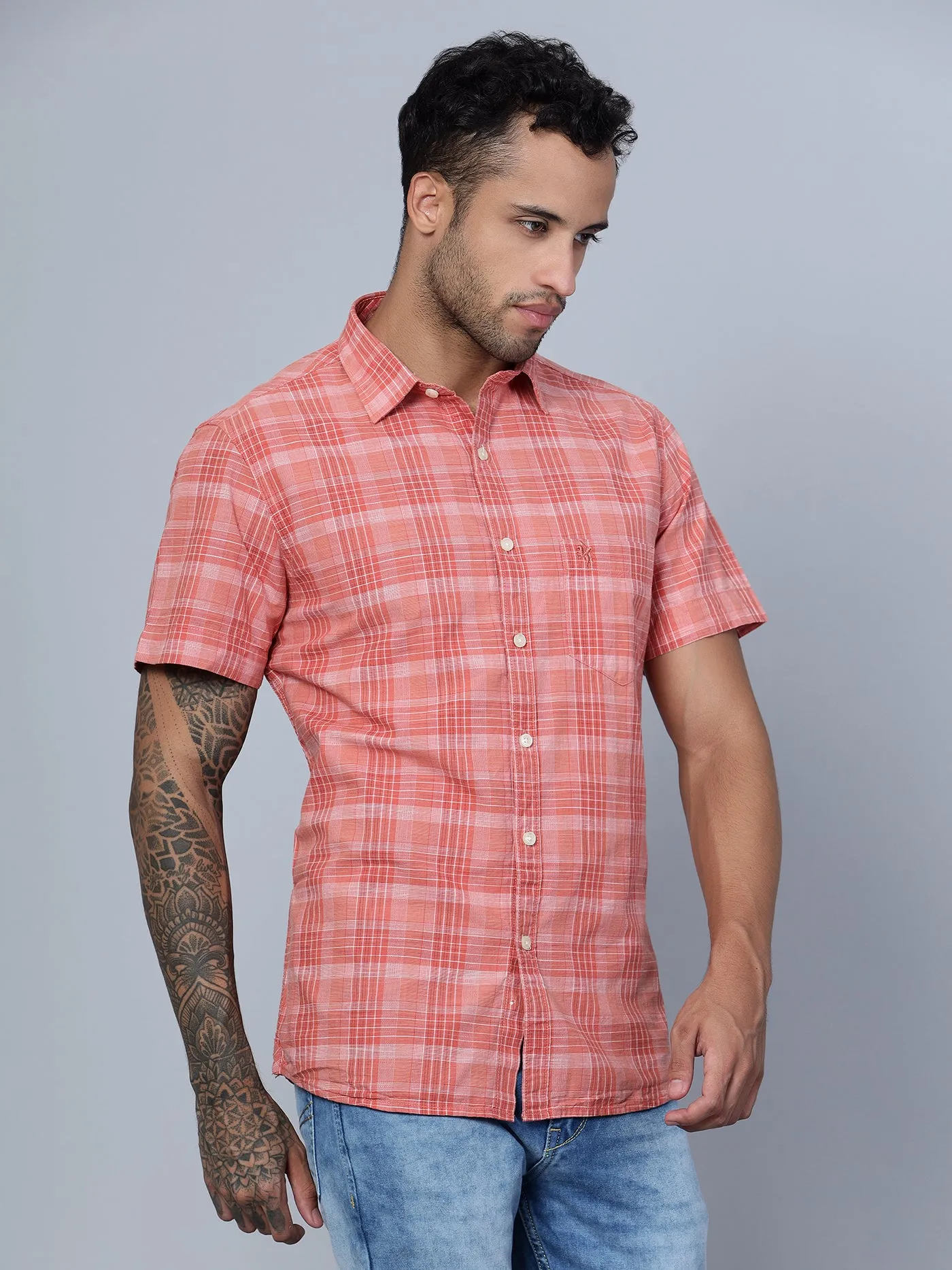 Men's Red Casual Medium Checks Half Sleeve Shirt