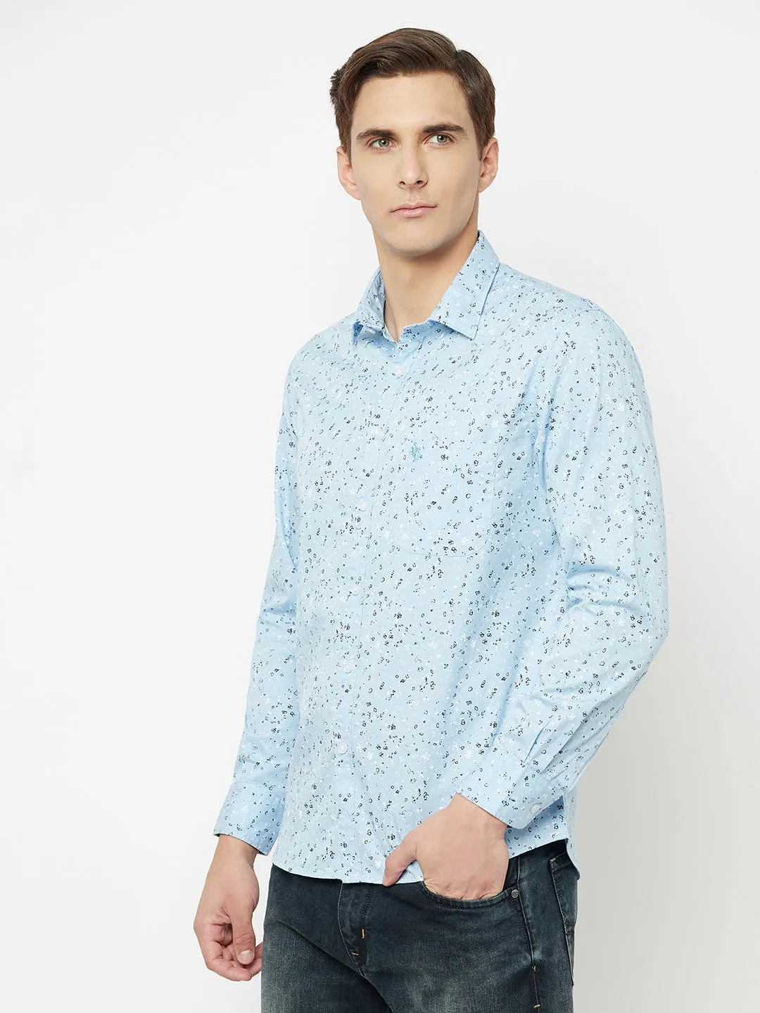 Men's Sky Blue Casual Abstract Print Full Sleeve Shirt