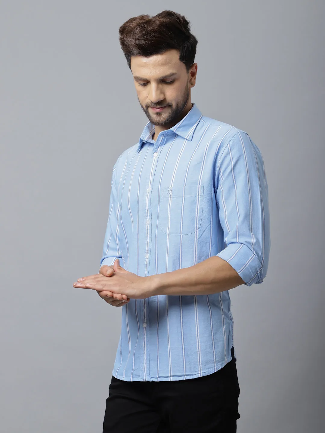 Men's Sky Blue Casual Broad Stripe Full Sleeve Shirt