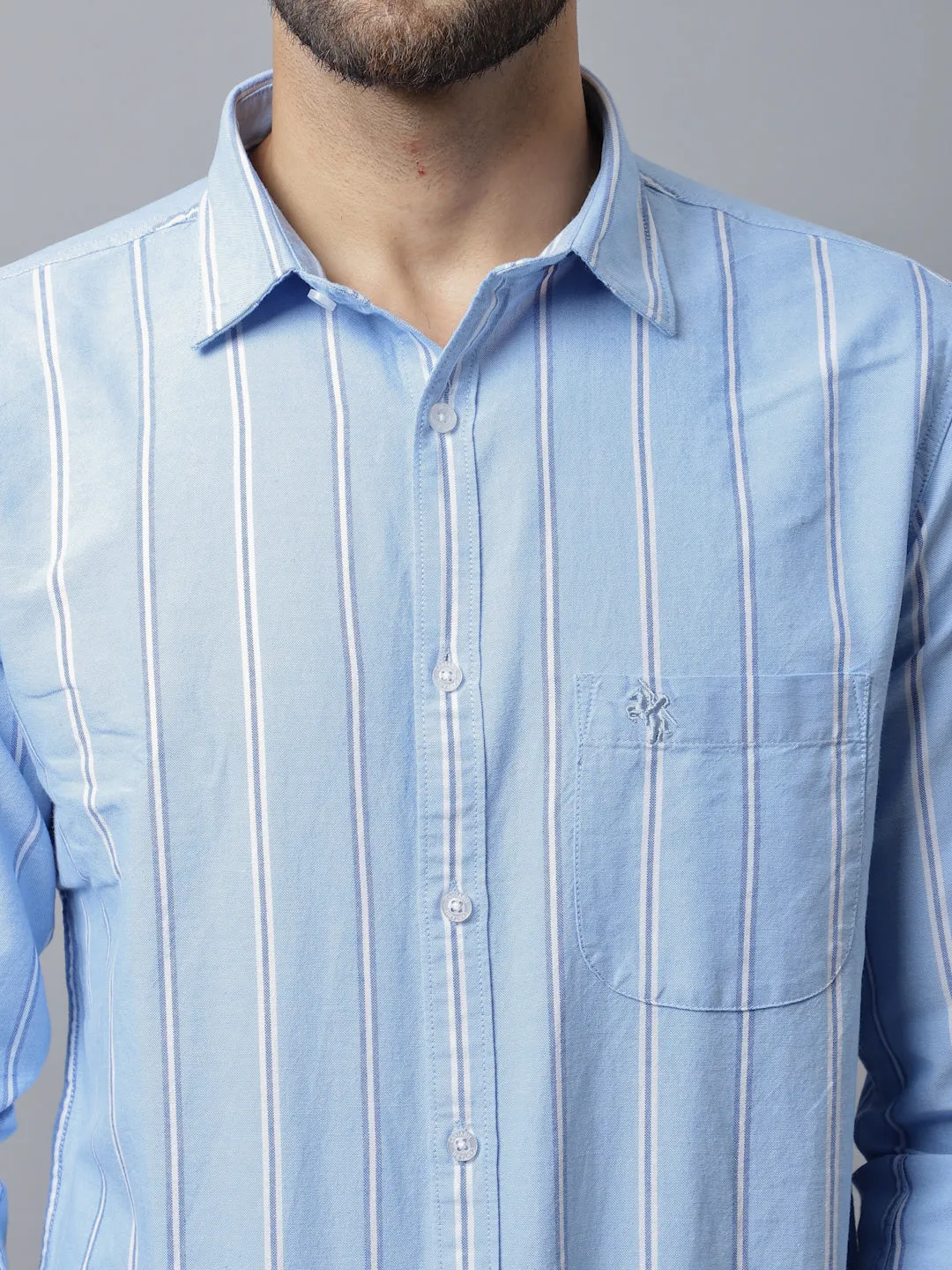 Men's Sky Blue Casual Broad Stripe Full Sleeve Shirt