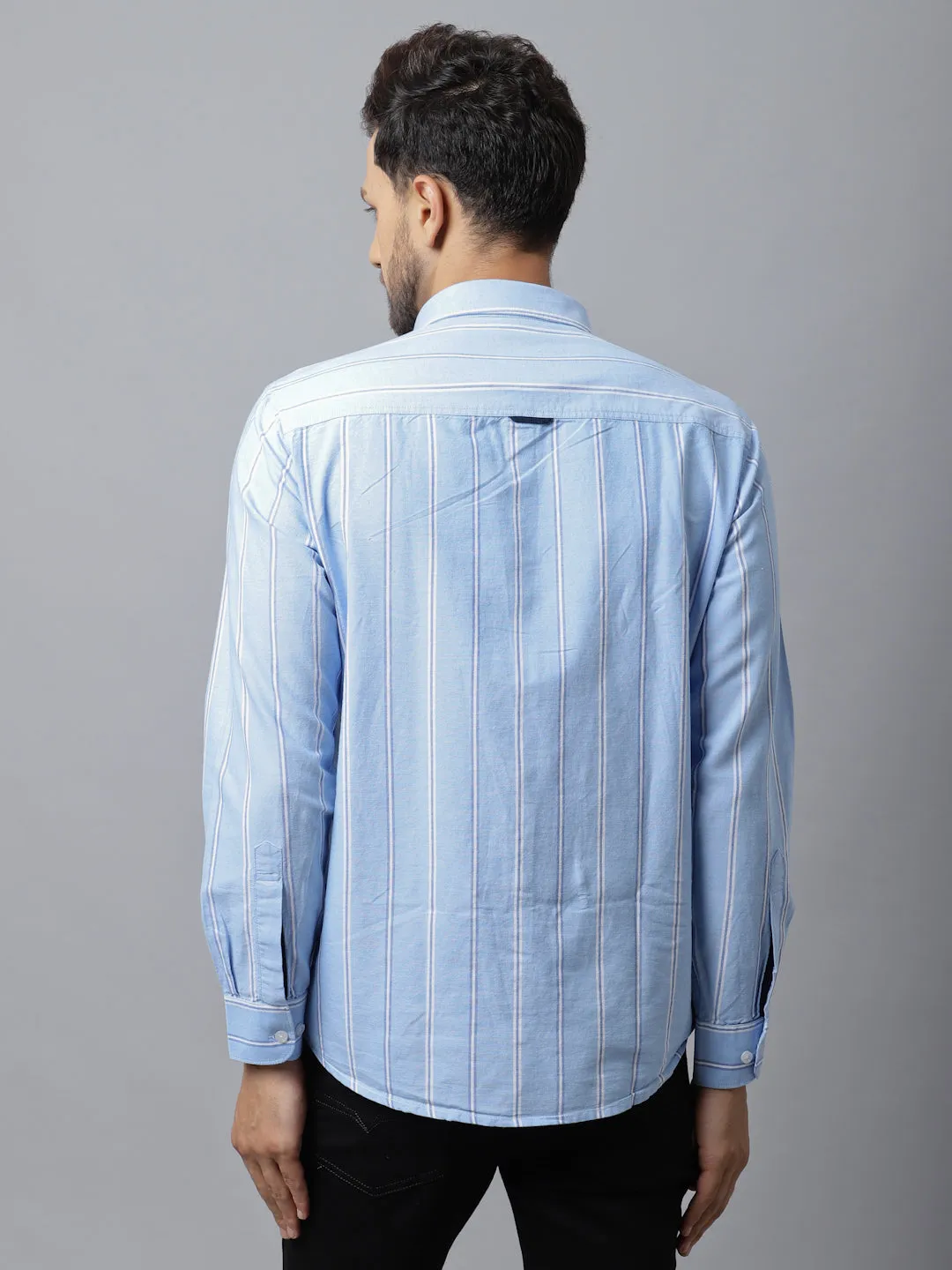 Men's Sky Blue Casual Broad Stripe Full Sleeve Shirt