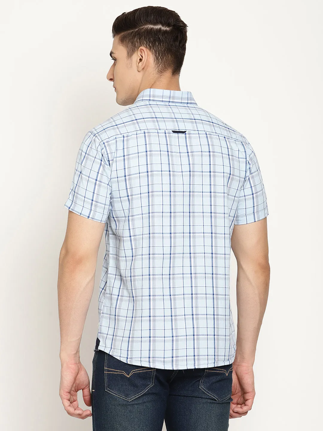 Men's Sky Blue Casual Medium Checks Half Sleeve Shirt