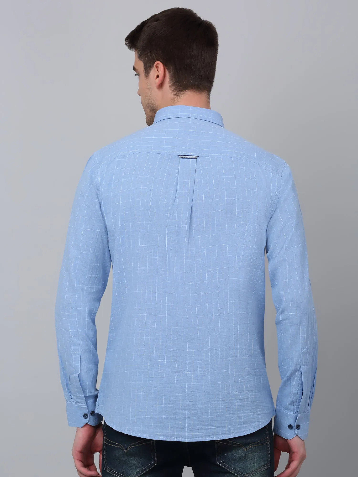 Men's Sky Blue Casual Small Checks Full Sleeve Shirt