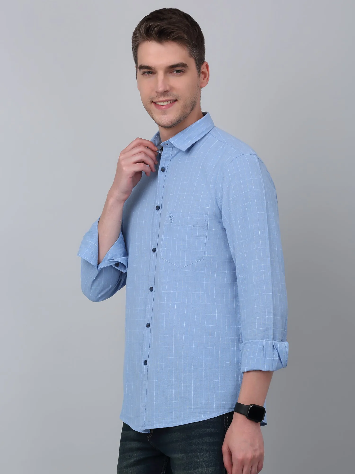 Men's Sky Blue Casual Small Checks Full Sleeve Shirt