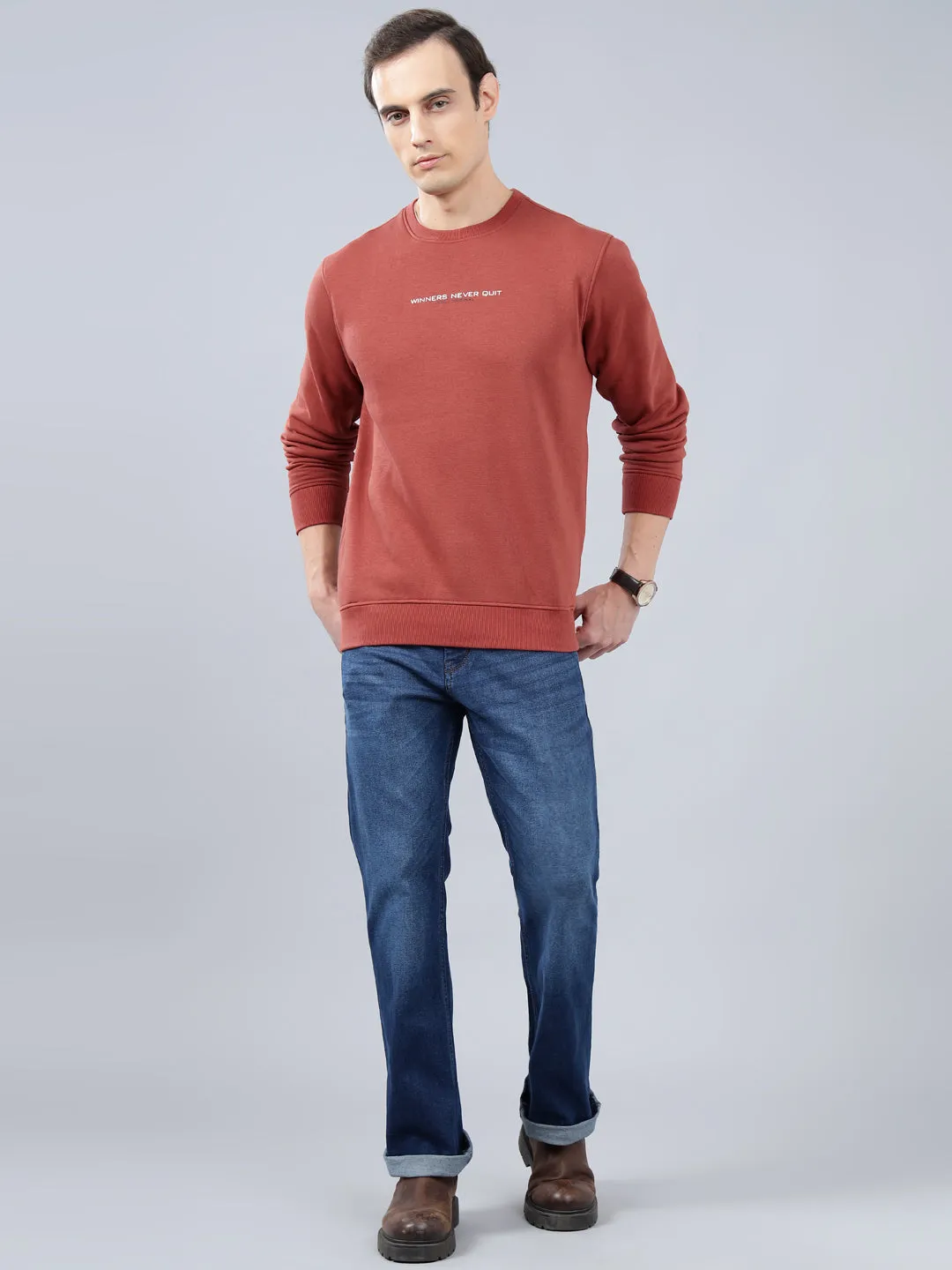 Men's Solid Rust Round Neck Sweatshirt