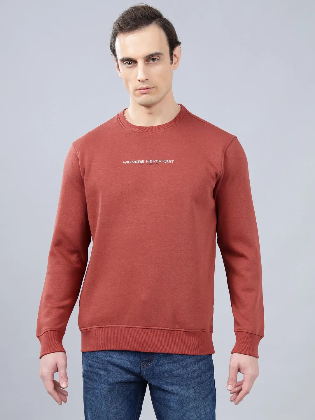 Men's Solid Rust Round Neck Sweatshirt