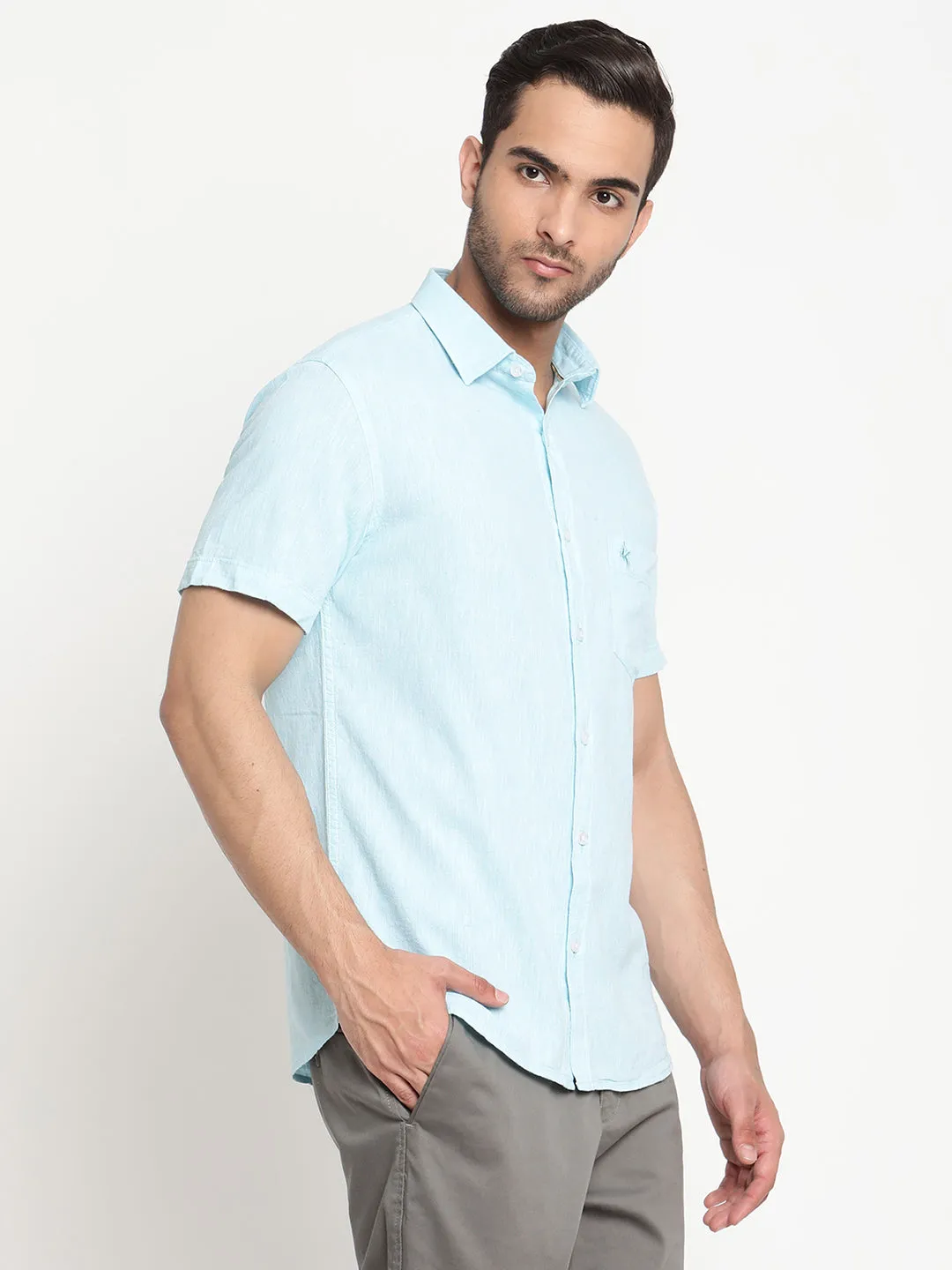 Men's Turquoise Casual Plain Half Sleeve Shirt