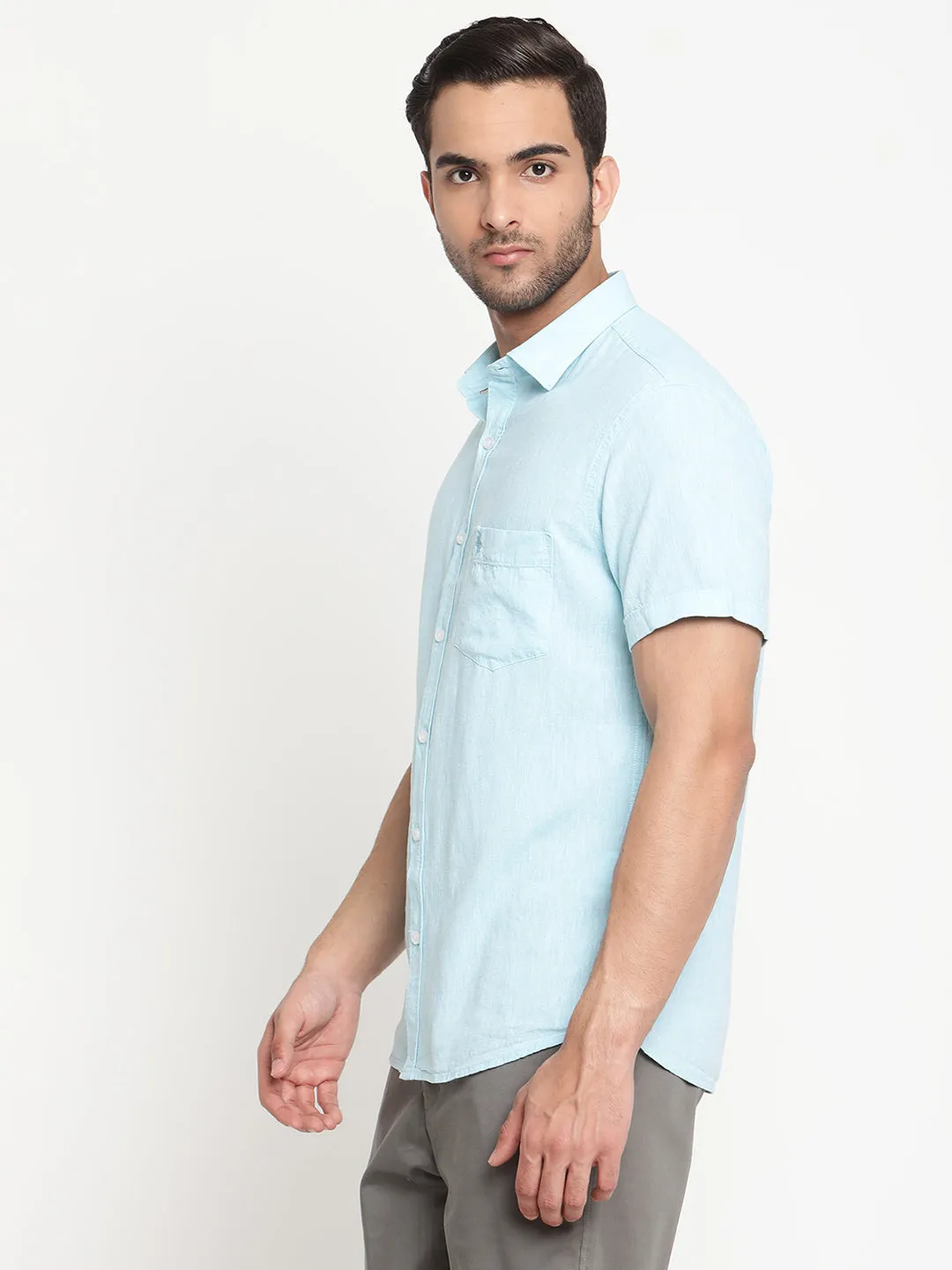 Men's Turquoise Casual Plain Half Sleeve Shirt