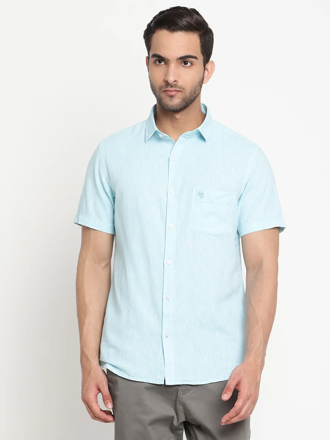 Men's Turquoise Casual Plain Half Sleeve Shirt