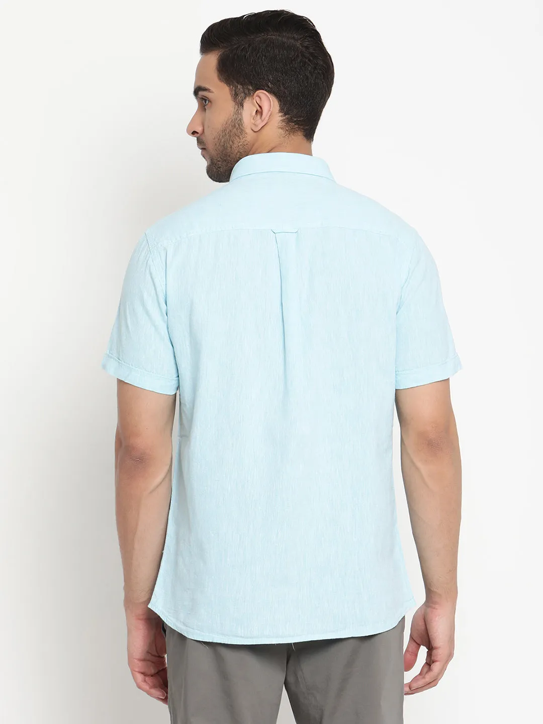 Men's Turquoise Casual Plain Half Sleeve Shirt