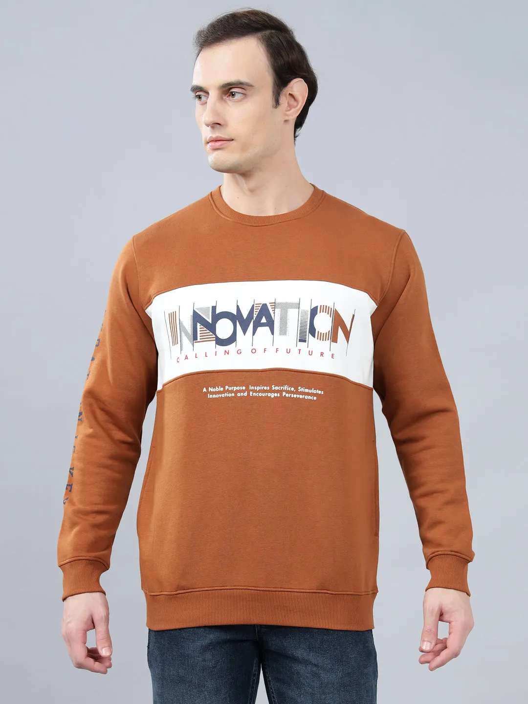 Men's Typography Printed Brown Round Neck Sweatshirt