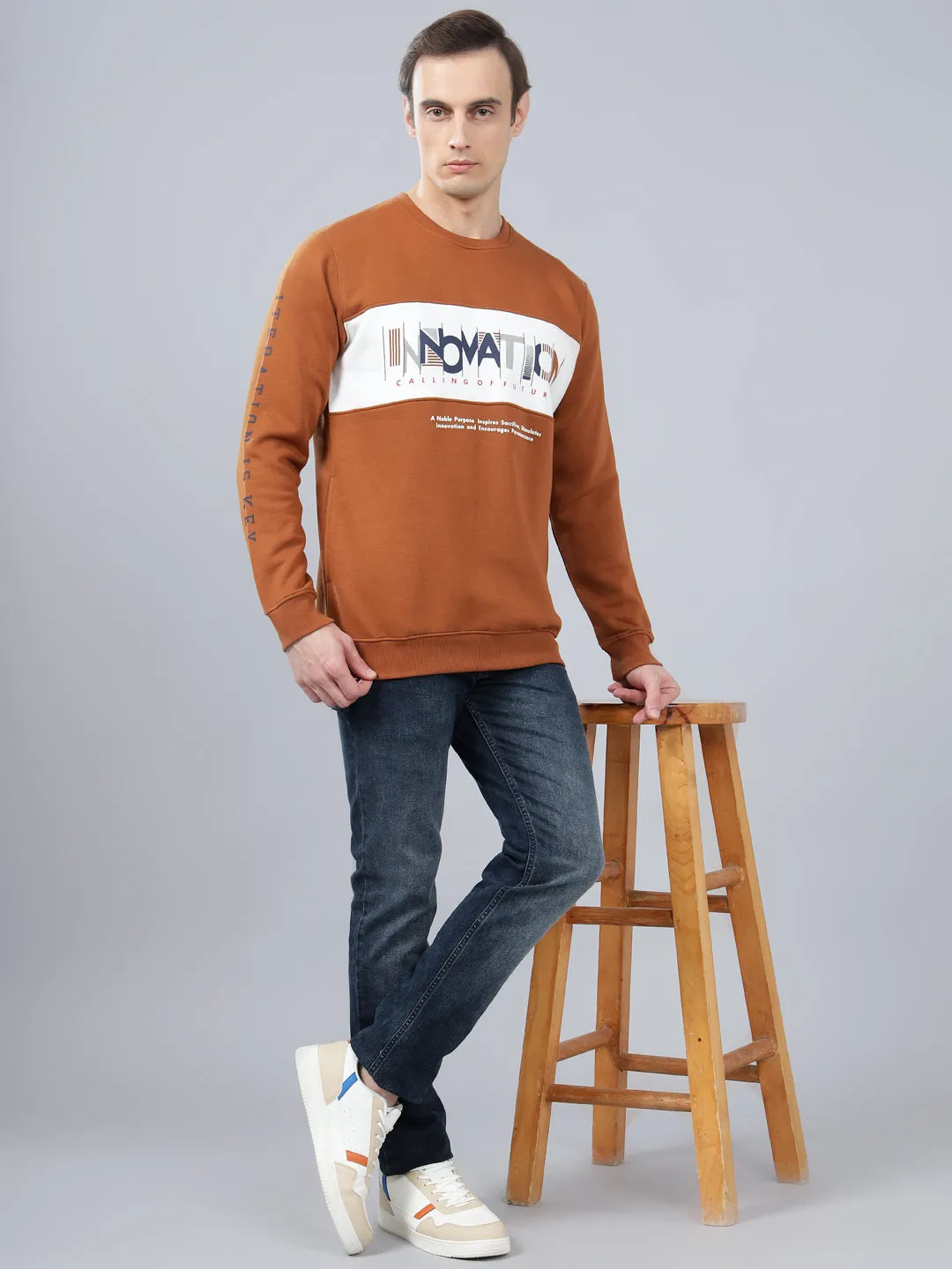 Men's Typography Printed Brown Round Neck Sweatshirt