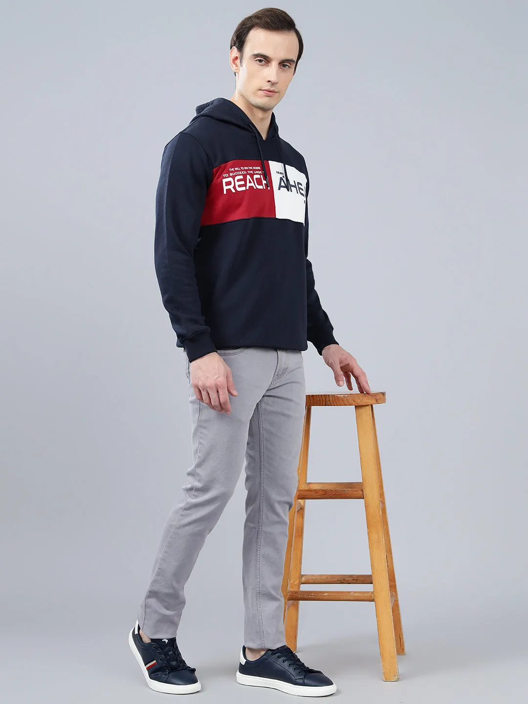 Men's Typography Printed Navy Blue Hoody Neck Sweatshirt