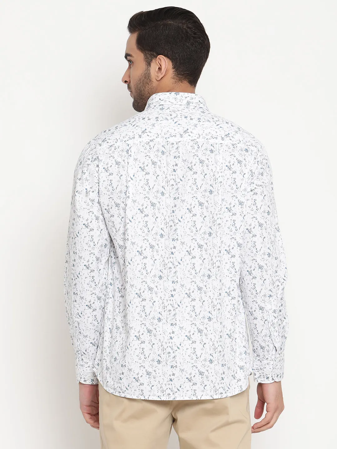 Men's White Casual Floral Print Full Sleeve Shirt