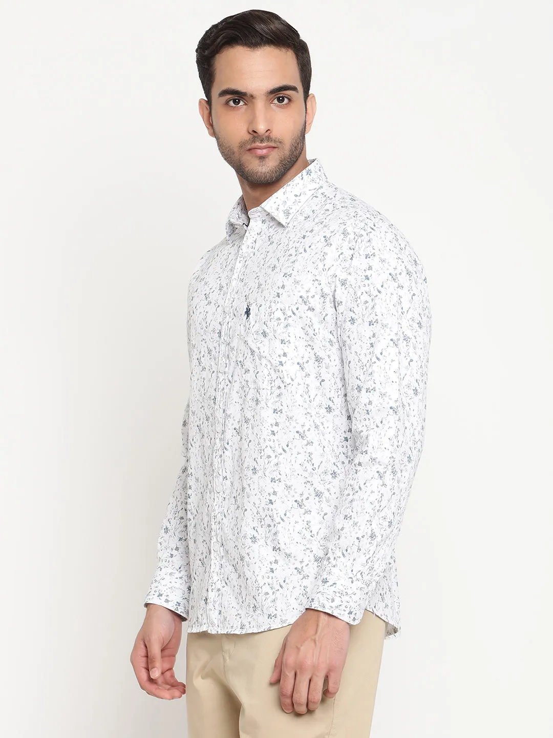 Men's White Casual Floral Print Full Sleeve Shirt