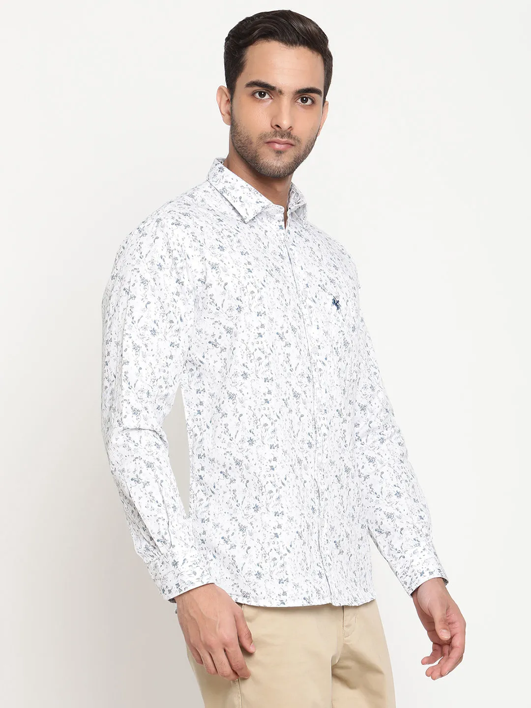 Men's White Casual Floral Print Full Sleeve Shirt