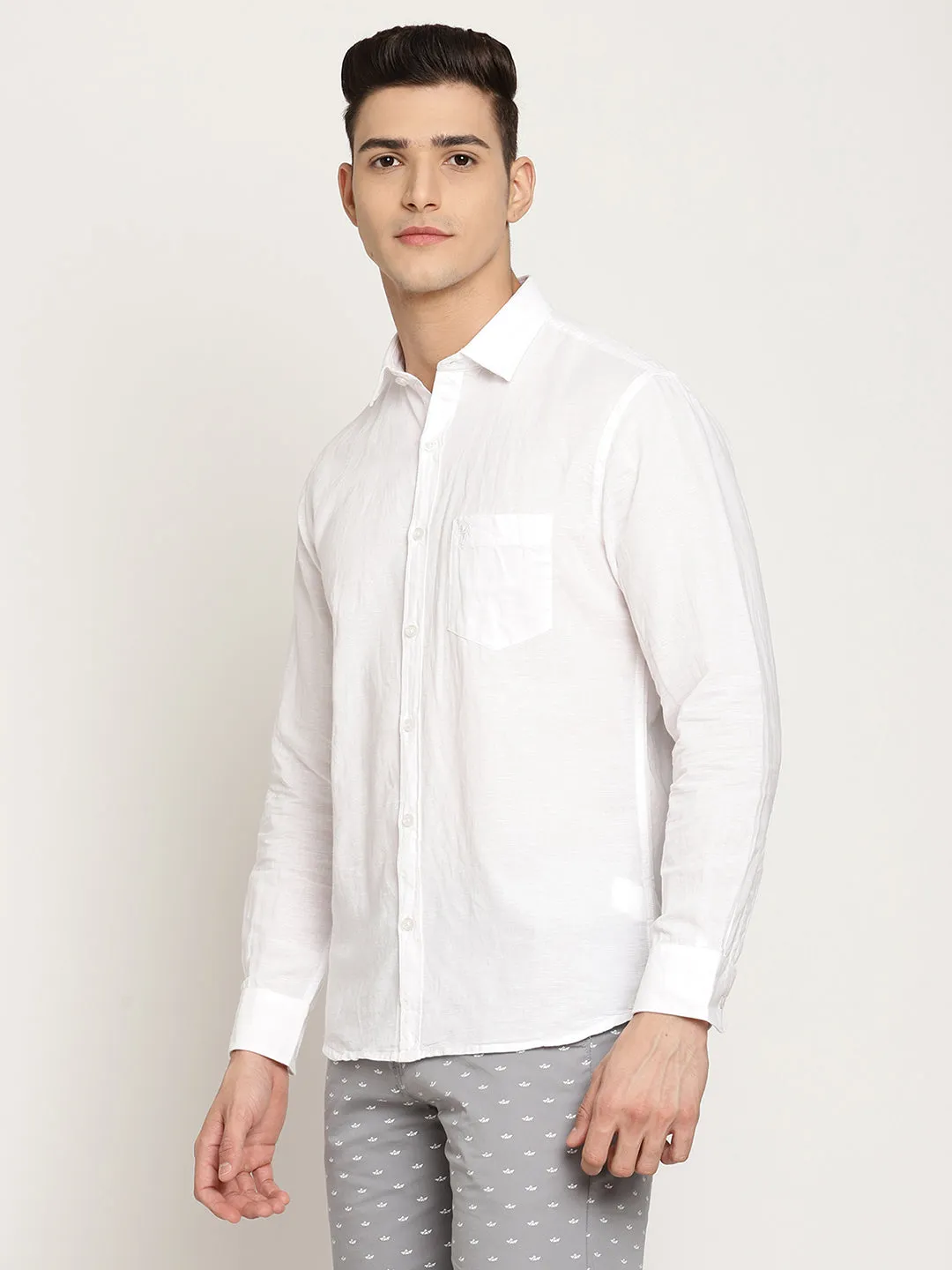 Men's White Casual Plain Full Sleeve Shirt