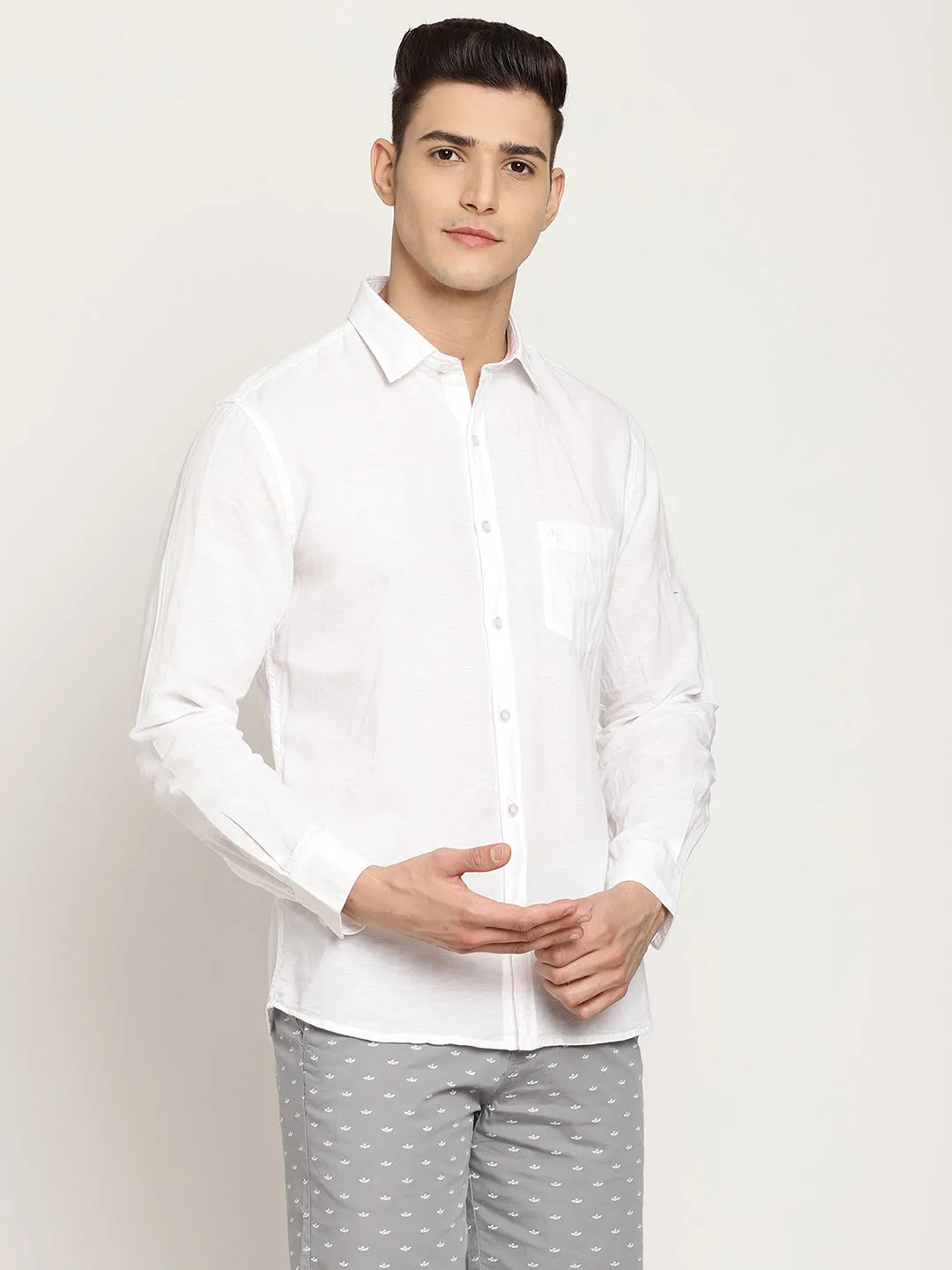 Men's White Casual Plain Full Sleeve Shirt