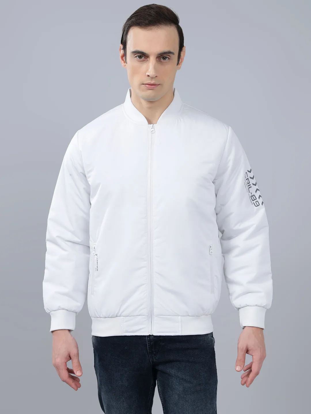 Men's White Solid Mock Neck Winter Jacket