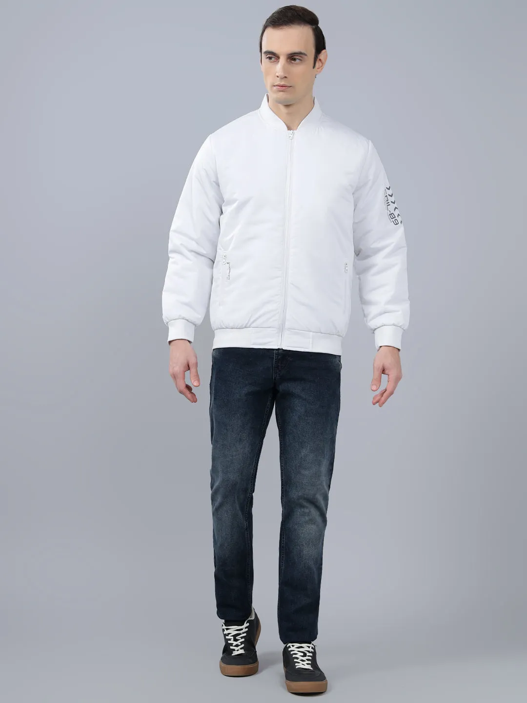 Men's White Solid Mock Neck Winter Jacket