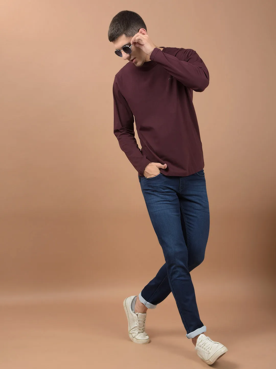 Men's Wine Self Design Full Sleeves Round Neck T-shirt For Winter