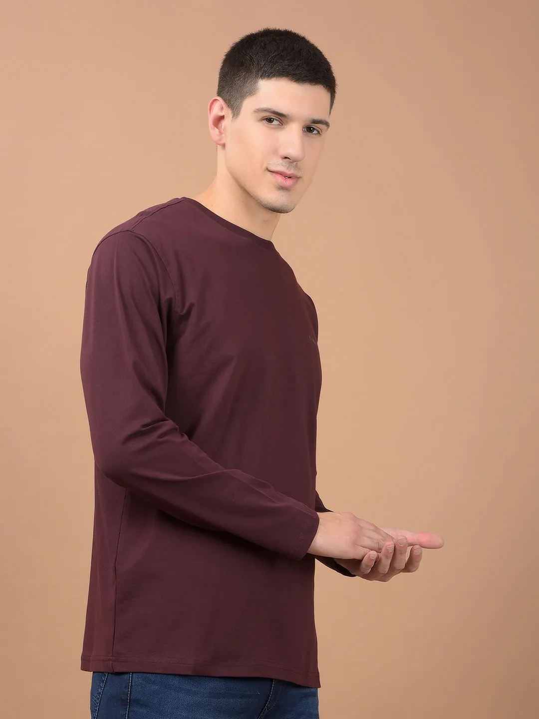 Men's Wine Self Design Full Sleeves Round Neck T-shirt For Winter