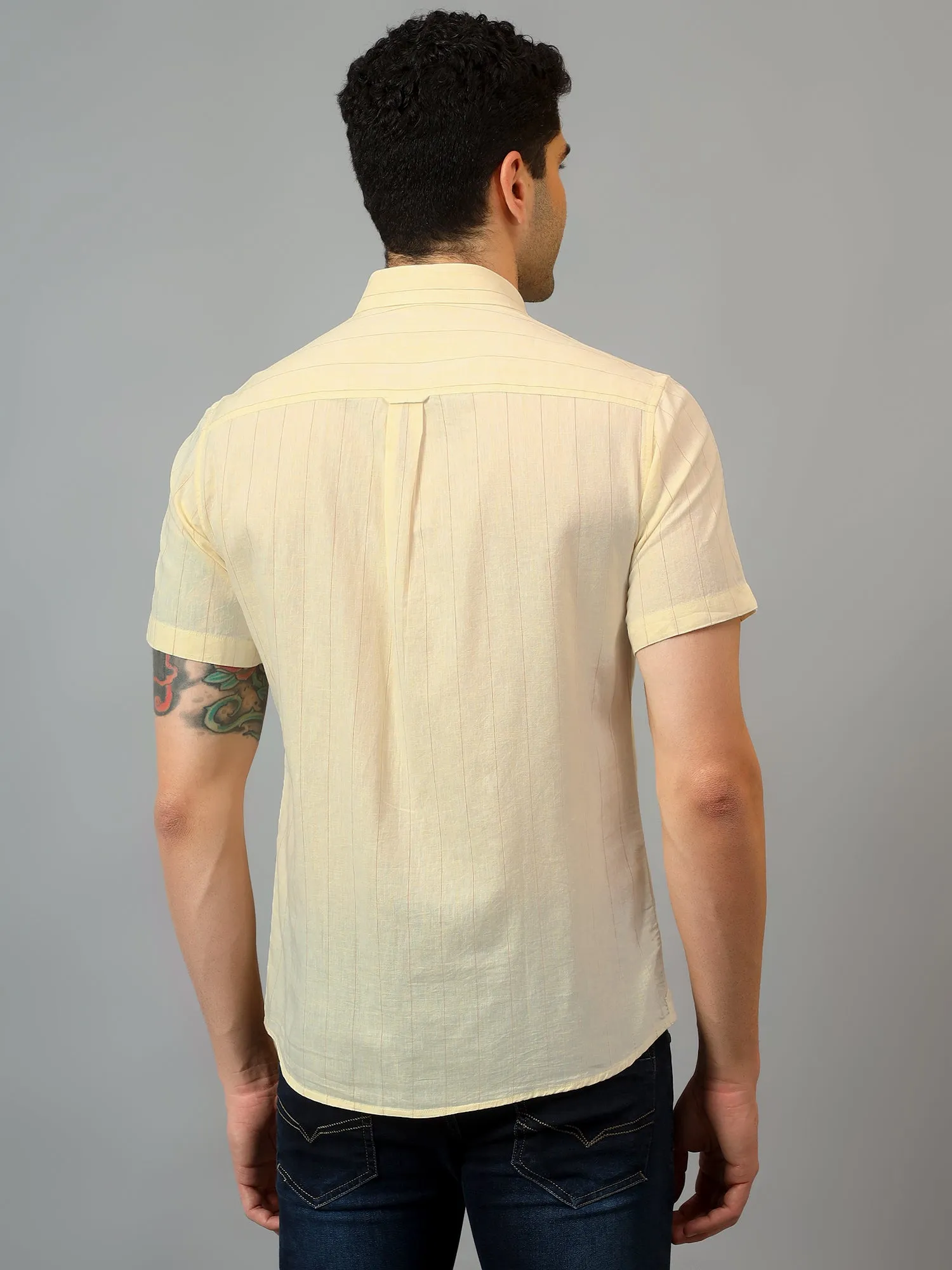 Men's Yellow Casual Thin Stripe Half sleeve Shirt