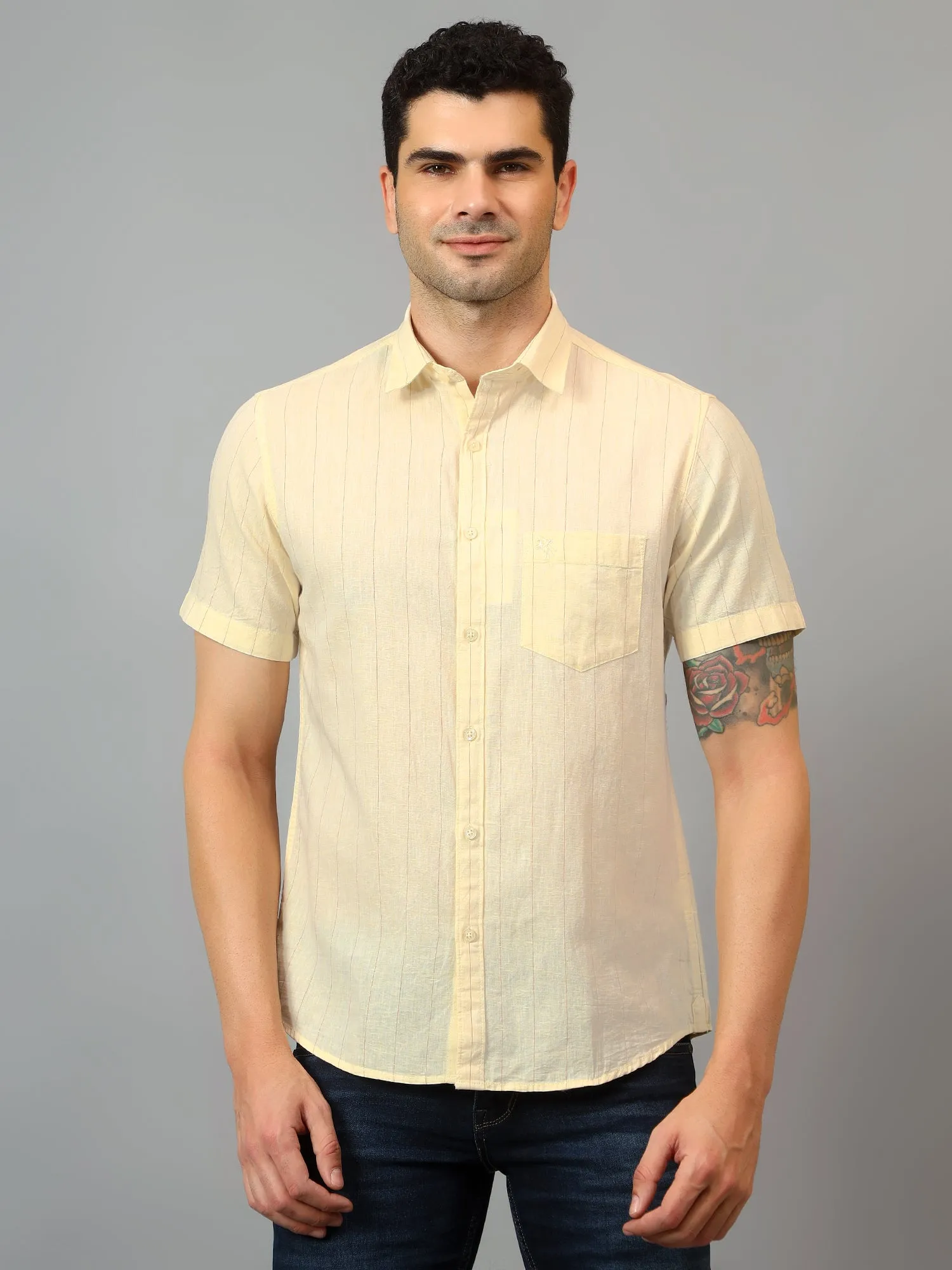 Men's Yellow Casual Thin Stripe Half sleeve Shirt