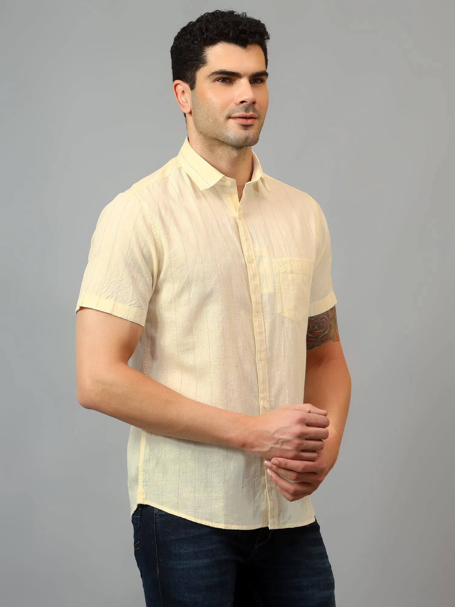 Men's Yellow Casual Thin Stripe Half sleeve Shirt