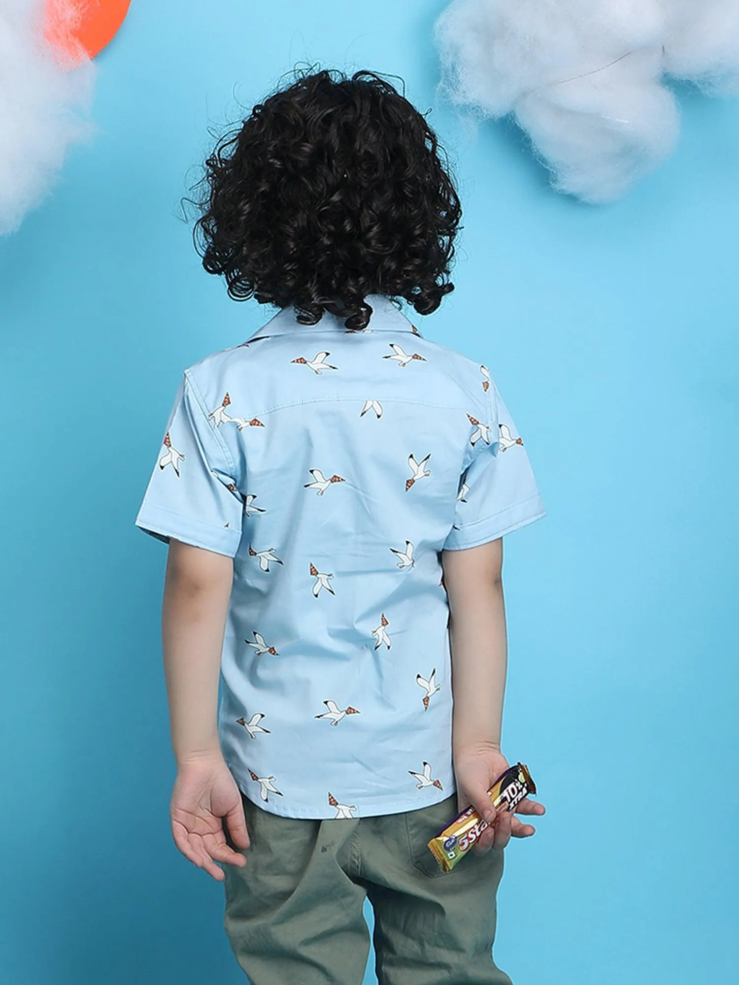 Polka Tots Half Sleeves Birds print Shirt - Blue