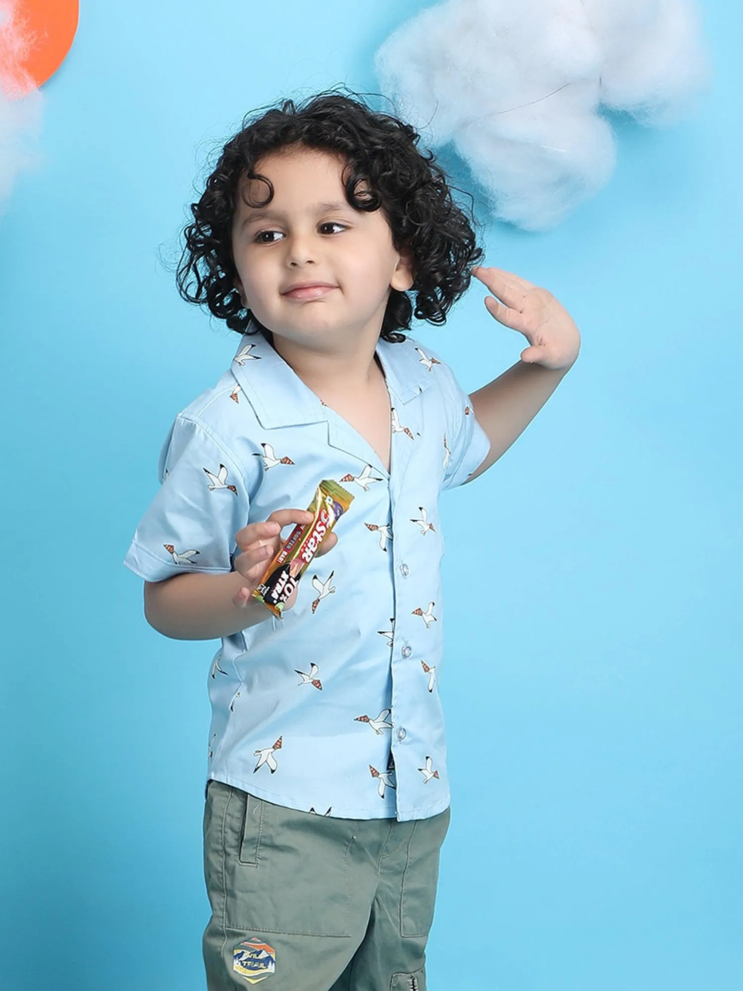 Polka Tots Half Sleeves Birds print Shirt - Blue