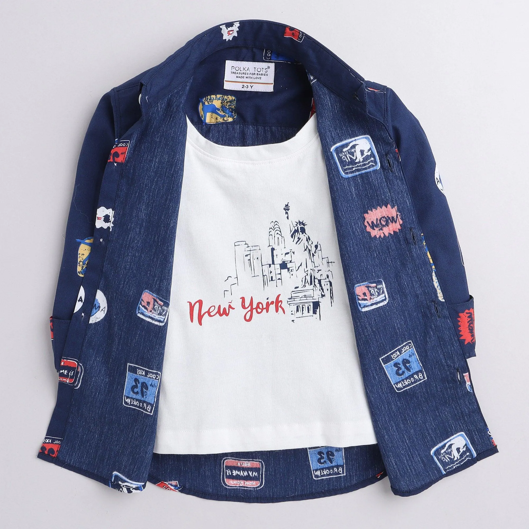 Polka Tots new york print full sleeve shirt with attached tshirt - Navy blue